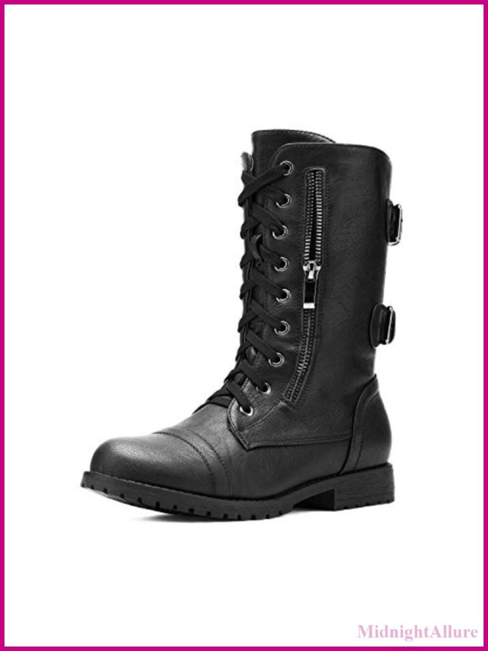 Women's Mid-Calf Combat Boots Lace Up Built-in Wallet Pocket Side Zip